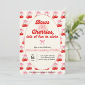 4. Geburtstag Coquette Cherries Bubble Letters Einladung (Stehend Vorderseite)
