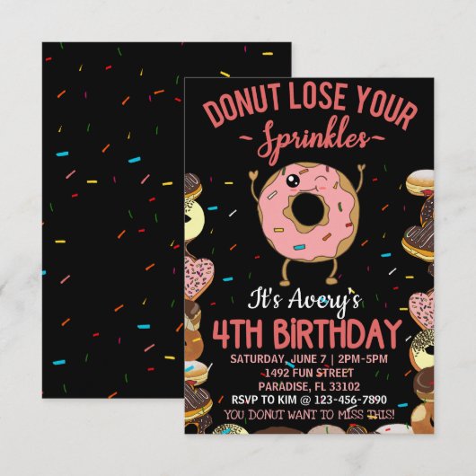 4. Geburtstag Donut verlieren Ihre Sprinklermädche Einladung (Vorne/Hinten)