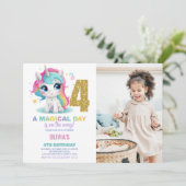 4. Geburtstag Einhorn Geburtstag Einladung Foto (Stehend Vorderseite)