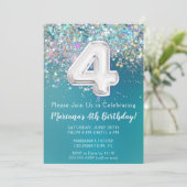 4. Geburtstag Einladung Aquamarin Silber Glitzer (Stehend Vorderseite)