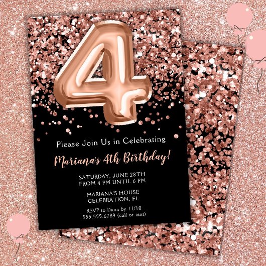 4. Geburtstag Einladung Black Rose Gold Glitzer