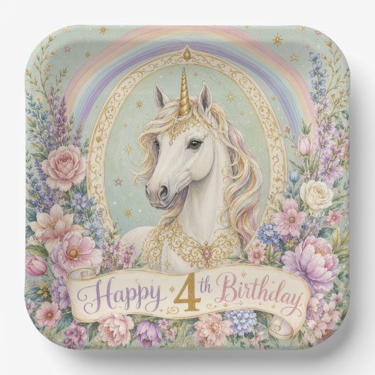 4. Geburtstag Elegantes Einhorn Regenbogen  Pappteller (Vorderseite)