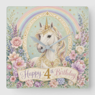 4. Geburtstag Elegantes Einhorn Regenbogen  Quadratische Wanduhr