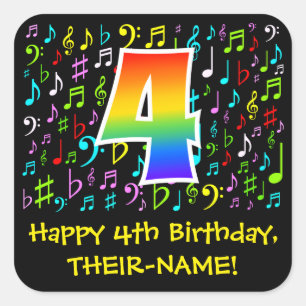 4. Geburtstag: Farbige Musiksymbole, Regenbogen 4 Quadratischer Aufkleber