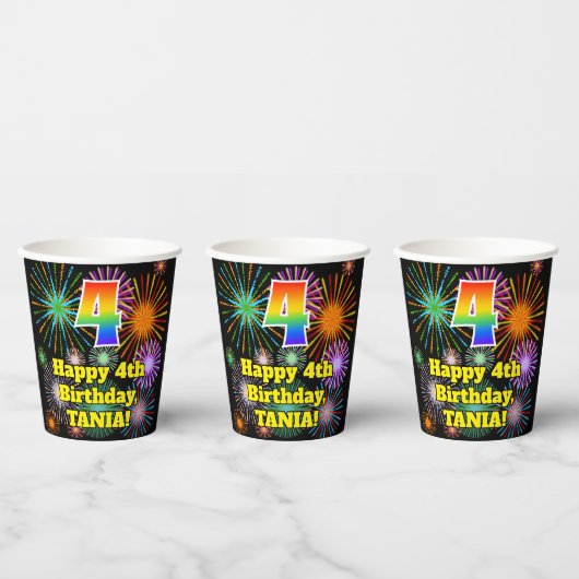 4. Geburtstag: Fun Fireworks Pattern + Regenbogen Pappbecher (Multi)