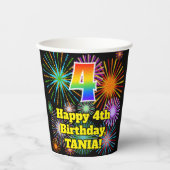 4. Geburtstag: Fun Fireworks Pattern + Regenbogen Pappbecher (Vorderseite)