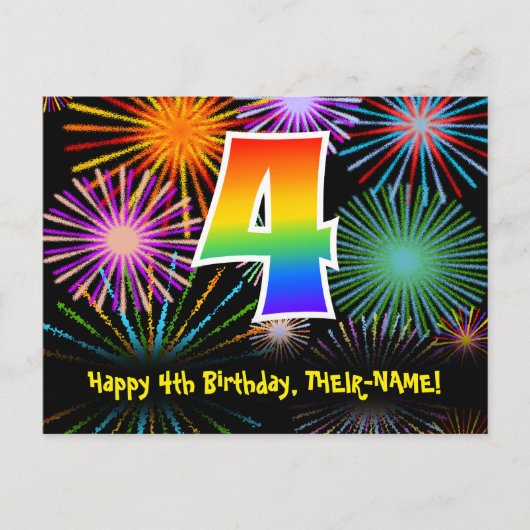 4. Geburtstag - Fun Fireworks Pattern + Regenbogen Postkarte (Vorderseite)