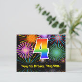 4. Geburtstag - Fun Fireworks Pattern + Regenbogen Postkarte (Stehend Vorderseite)