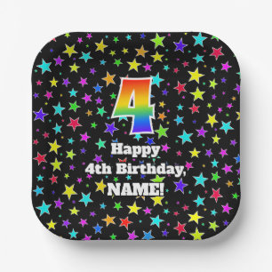 4. Geburtstag: Fun Stars Muster und Regenbogen "4" Pappteller