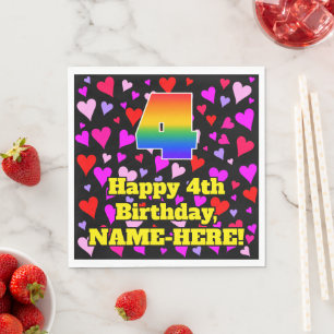 4. Geburtstag: Liebesherzen Muster, Regenbogen # 4 Serviette