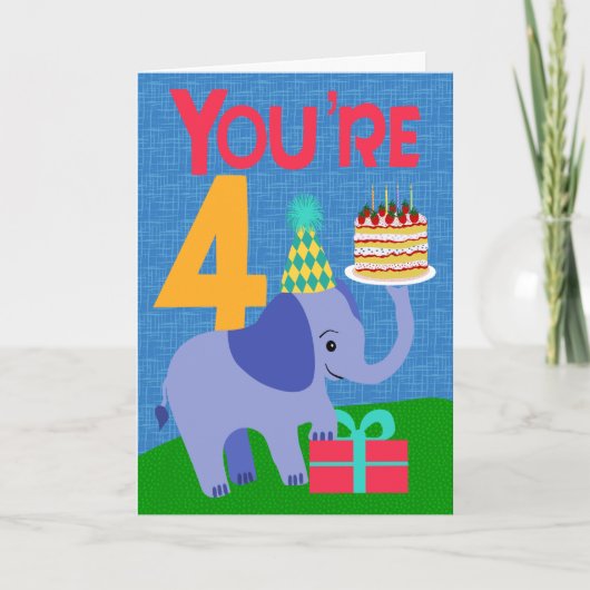4. Geburtstag mit Elefant und Kuchen Karte (Vorderseite)