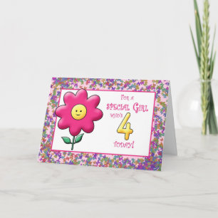 4. Geburtstag Niedlich Rosa Blume und Karte