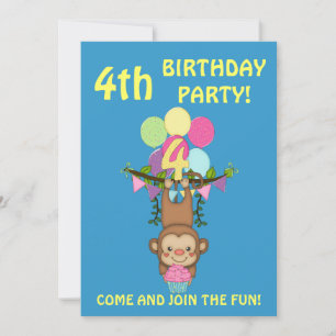 4. Geburtstag Party Niedlicher Affe+Farbige Ballon Einladung