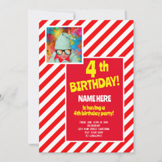 4. Geburtstag Party Red White Candy Strip Bday Einladung