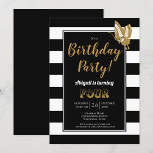 4. Geburtstag Party Schwarz und Weiß Streifen Einladung
