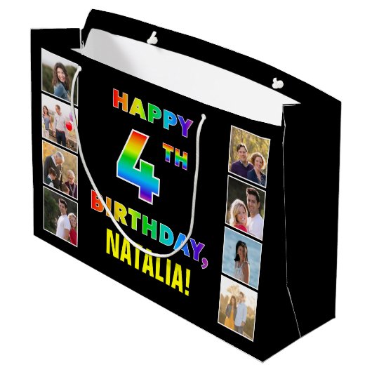 4. Geburtstag: Regenbogentext, benutzerdefinierte Große Geschenktüte (Rückseite Schrägansicht)