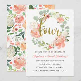 4. Geburtstag Rosa Gold Blumenkraut Einladung