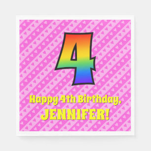 4. Geburtstag: Rosa Streifen & Herz, Regenbogen # Serviette