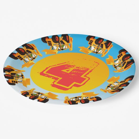 4. Geburtstag scherzt Baggerbau-Party Pappteller (Schrägansicht)