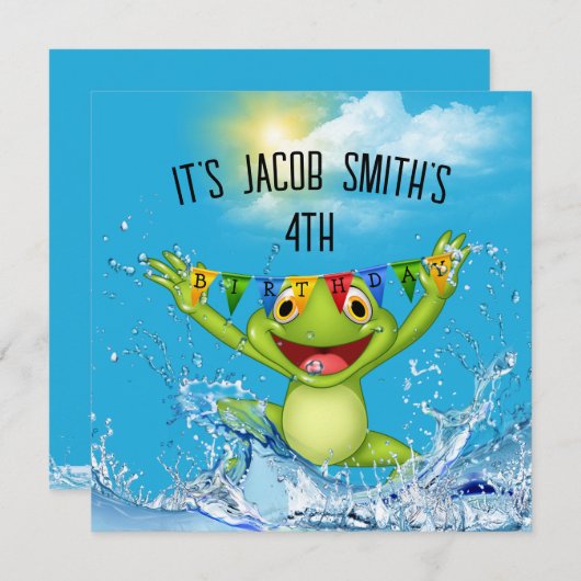 4. Geburtstag Springfrosch im Wasser Einladung (Vorne/Hinten)