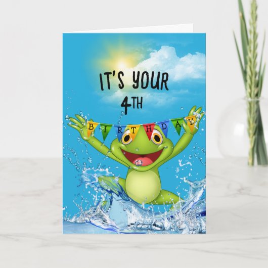4. Geburtstag Springfrosch im Wasser Karte (Vorderseite)