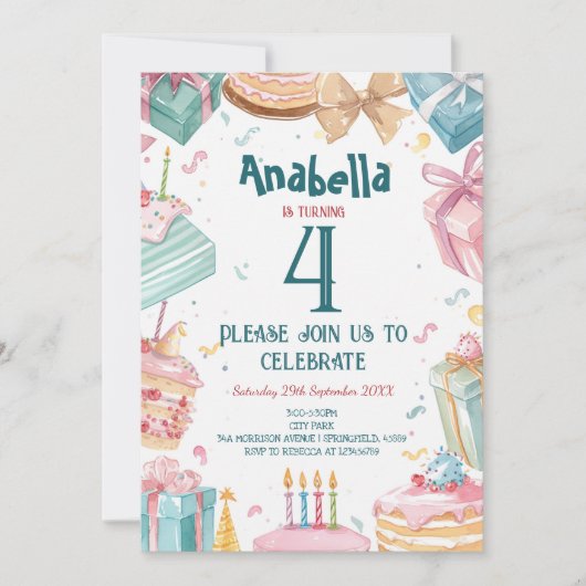 4. Geburtstag und Cakes Kindergeburtstag Party Einladung (Vorderseite)