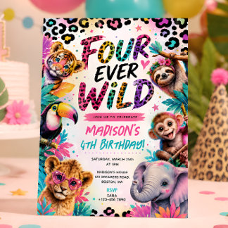 4. Geburtstag Vier für immer wilde Tiere Party Einladung