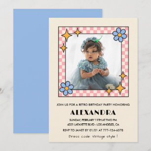 4. Geburtstagseinladung Retro Groovy Blau Floral Einladung