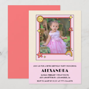 4. Geburtstagseinladung Retro Groovy Pink Floral Einladung