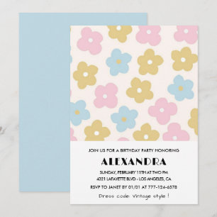 4. Geburtstagseinladungen Retro Blue Pink Floral Einladung