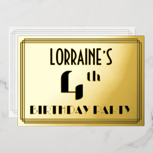 4. Geburtstagsfeier: Art Deco-Look „4“ und Name Folieneinladung