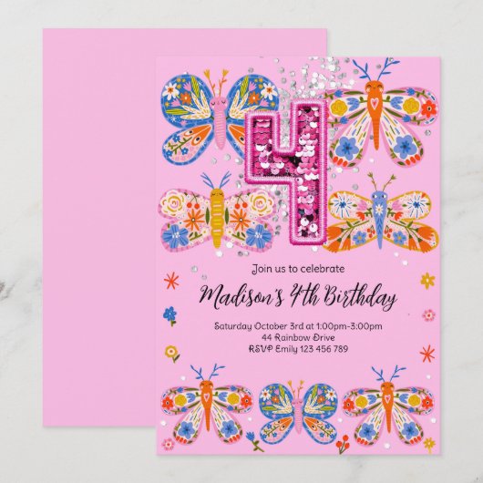 4. Geburtstagsschmetterling Einladung (Vorne/Hinten)