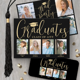 4 Grads Fotos Joint Graduation Party Black & Gold Einladung