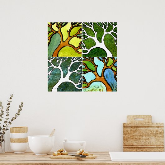 4 handgeschnitzte Bäume in Aquarell und Pen & Tint Poster (Küche)