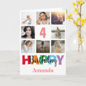 4. Happy Birthday Foto Collage Modern Pink Karte (Gelbe Blume)