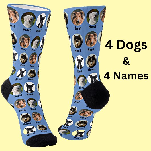 4 Hunde, 4 Namen, Hunde Foto - Personalisiert blau Socken