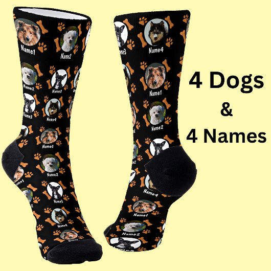 4 Hunde Fotos & 4 Namen + Knochen & Paw-Drucke Sch Socken