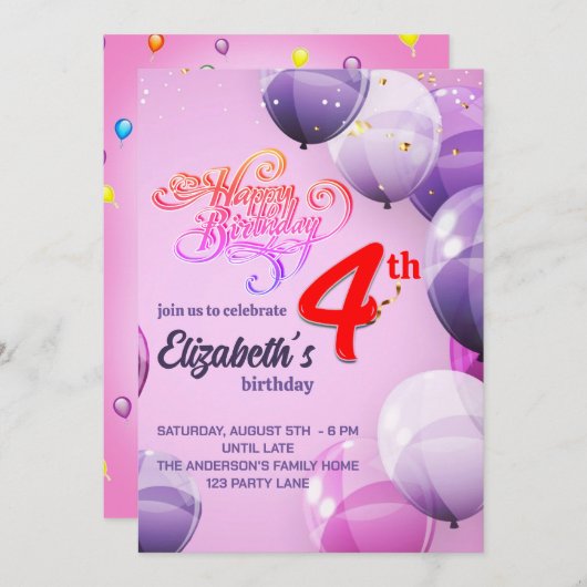 4 JAHRE ALTE MÄDCHEN GEBURTSTAG EINLADUNG (Vorne/Hinten)