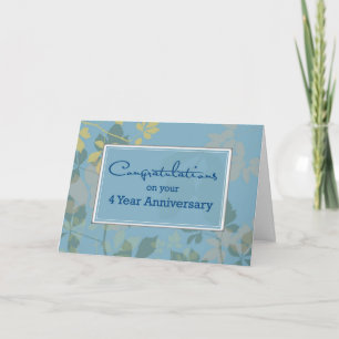 4 Jahre Mitarbeiterjubiläum, blau, Blätter Karte