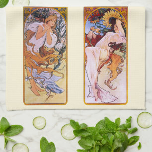 4 Jahreszeiten von Alphonse Mucha, Vintage Art Nou Geschirrtuch
