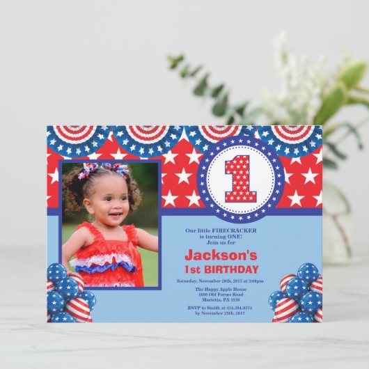 4. Juli 1. Erster Geburtstag Einladung (Stehend Vorderseite)