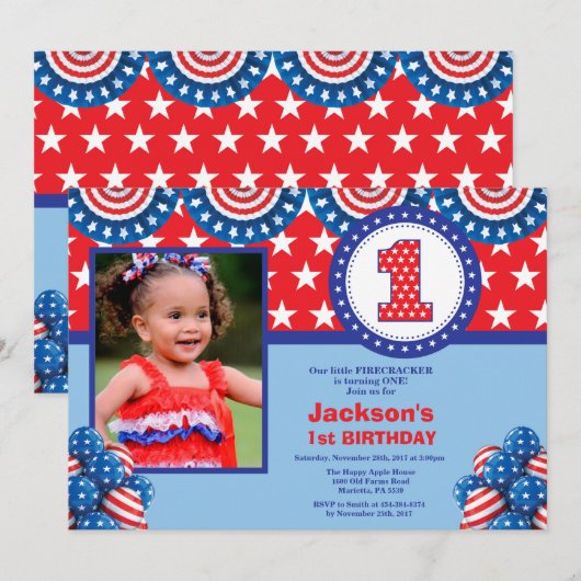 4. Juli 1. Erster Geburtstag Einladung (Vorne/Hinten)