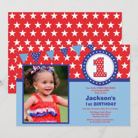 4. Juli 1. Erster Geburtstag Einladung (Vorne/Hinten)