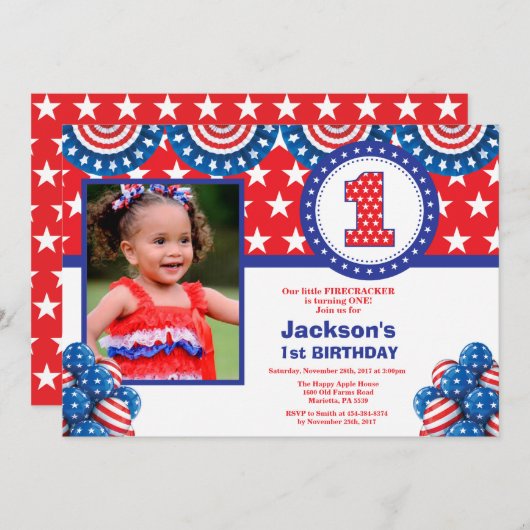 4. Juli 1. Erster Geburtstag Einladung (Vorne/Hinten)