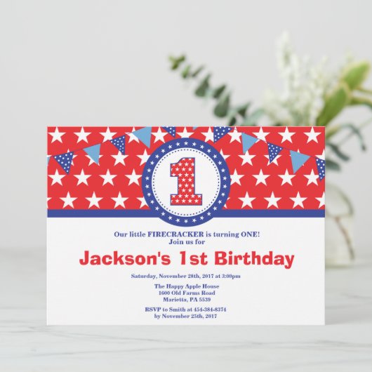 4. Juli 1. Erster Geburtstag Einladung (Stehend Vorderseite)