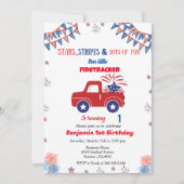 4. Juli 1. Geburtstag rot & blau Feuertracker Einladung (Vorderseite)