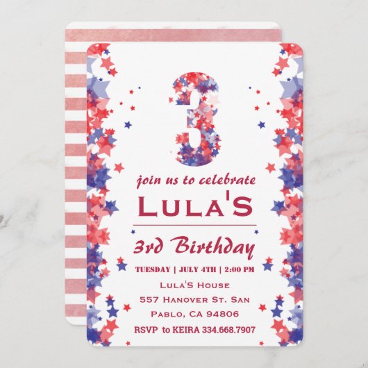 4. Juli 3. Geburtstag Party Einladung (Vorne/Hinten)