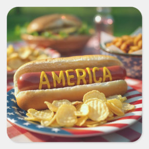 4. Juli American Hot Dog Quadratischer Aufkleber
