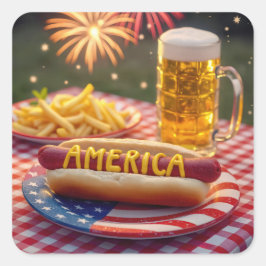 4. Juli American Hot Dog Quadratischer Aufkleber