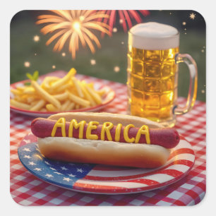4. Juli American Hot Dog Quadratischer Aufkleber